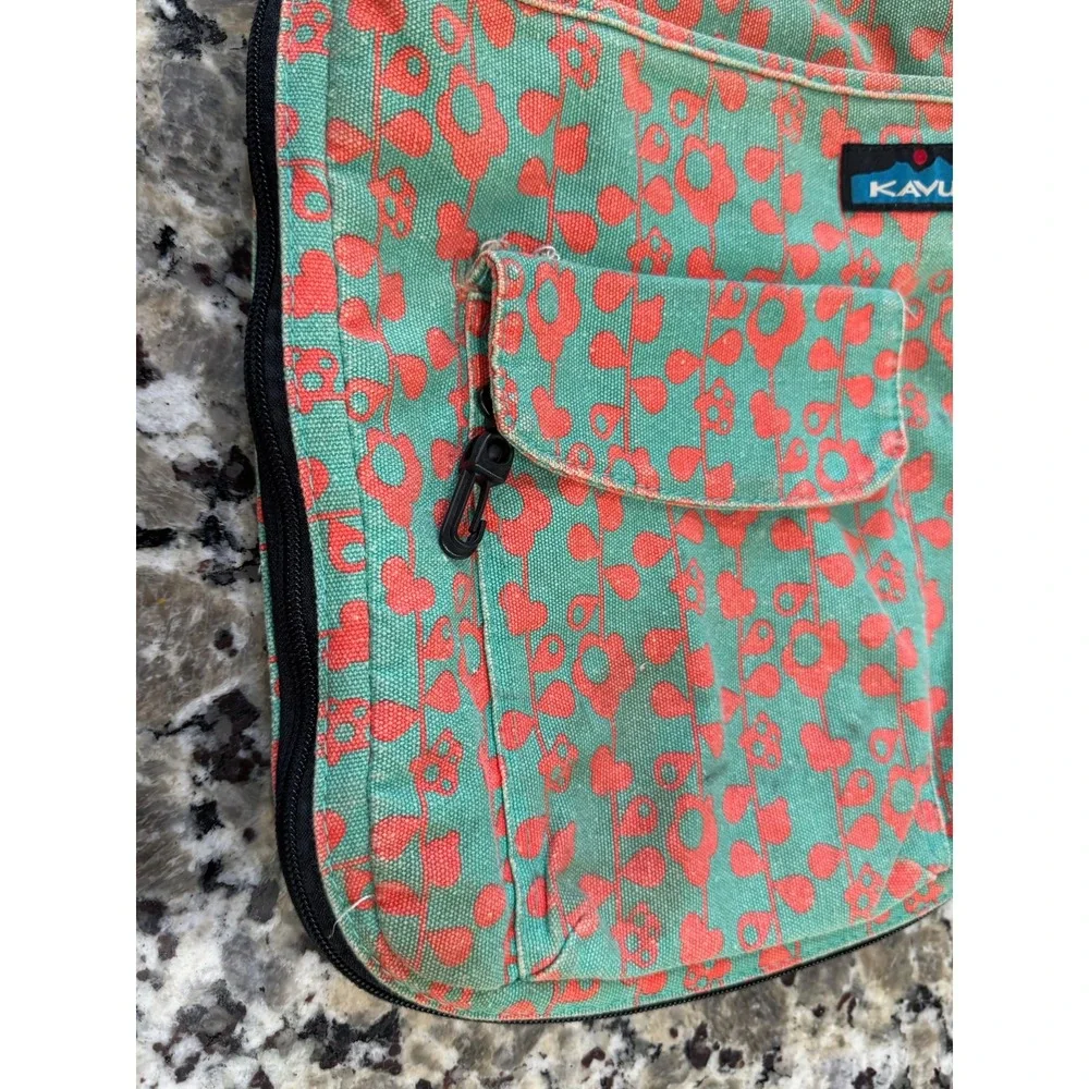 KAVU Keeper Teal Coral Floral Canvas Crossbody Bag Rope Strap Slim Travel Pouch